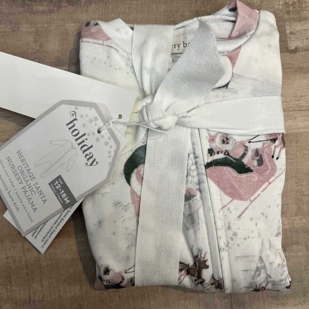 Pottery Barn Kids Heritage Santa Organic Nursery Pajamas Blush 12-18 Mos Footed